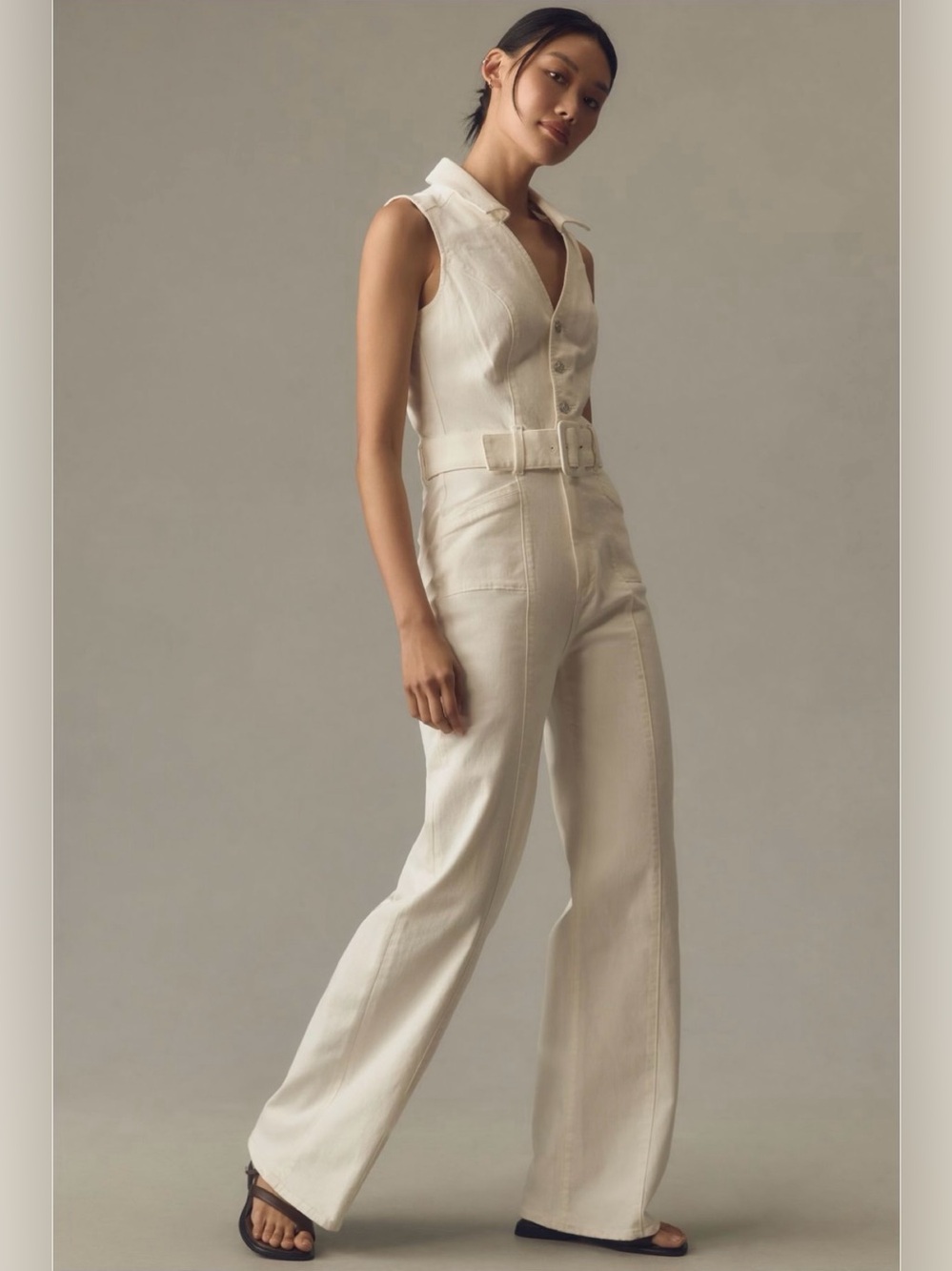 PAIGE Sasha Jumpsuit Tonal Ecru Size 8 Belted Wide Leg